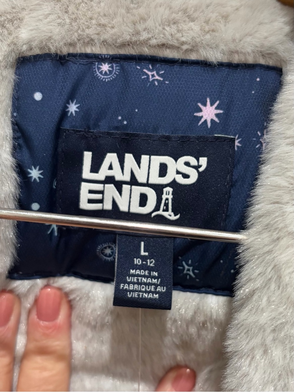 Lands' End Deep Sea Navy Galaxy Print Puffer Coat with Faux-Fur Trim, NWT, Large - Picture 2 of 9